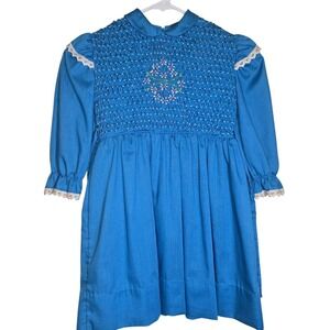 VINTAGE Polly Flinders Hand Smocked Bright Blue Dress Size 6X Style#44077
